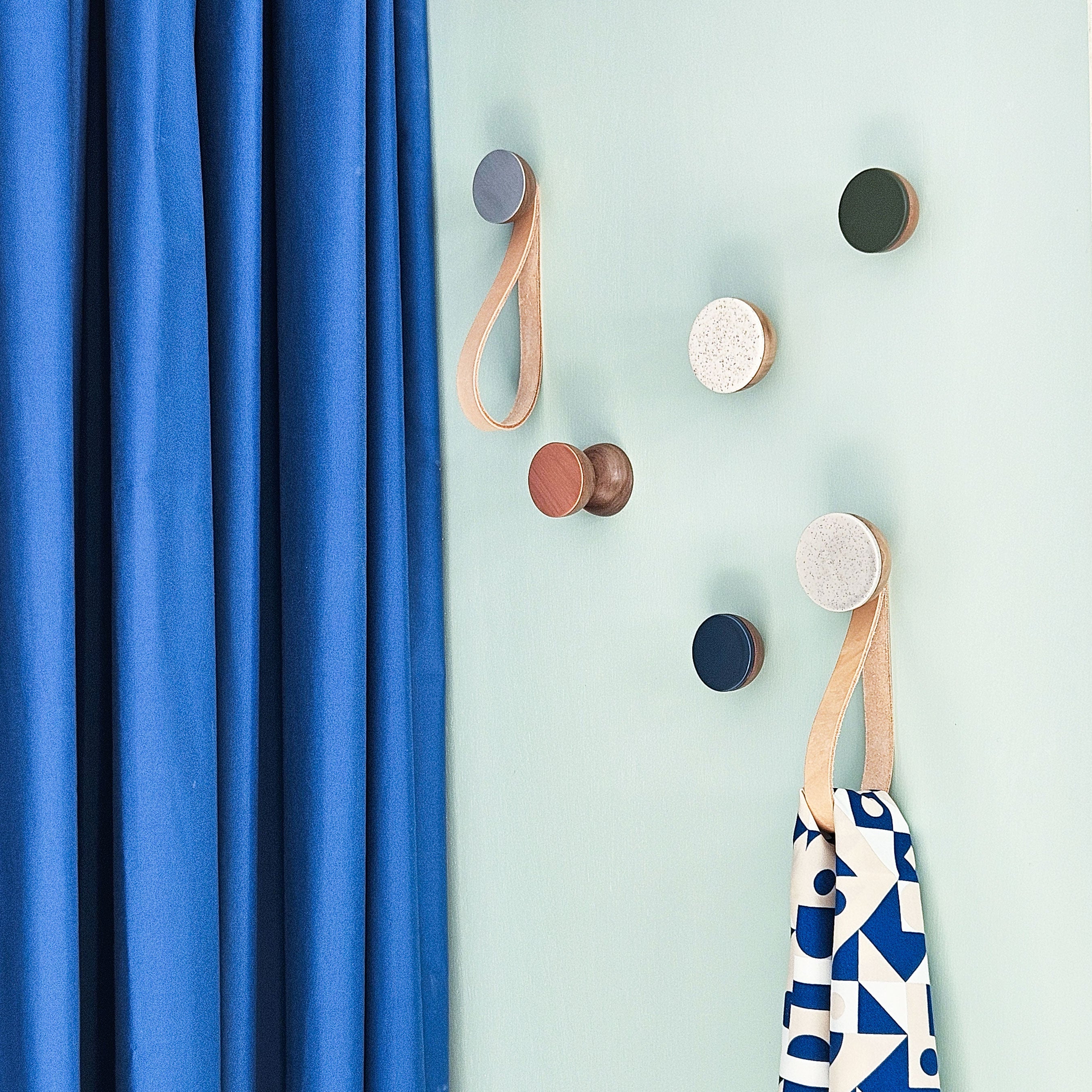 Round Walnut Wood & Ceramic Wall Mounted Coat Hook / Knob - Dark Blue
