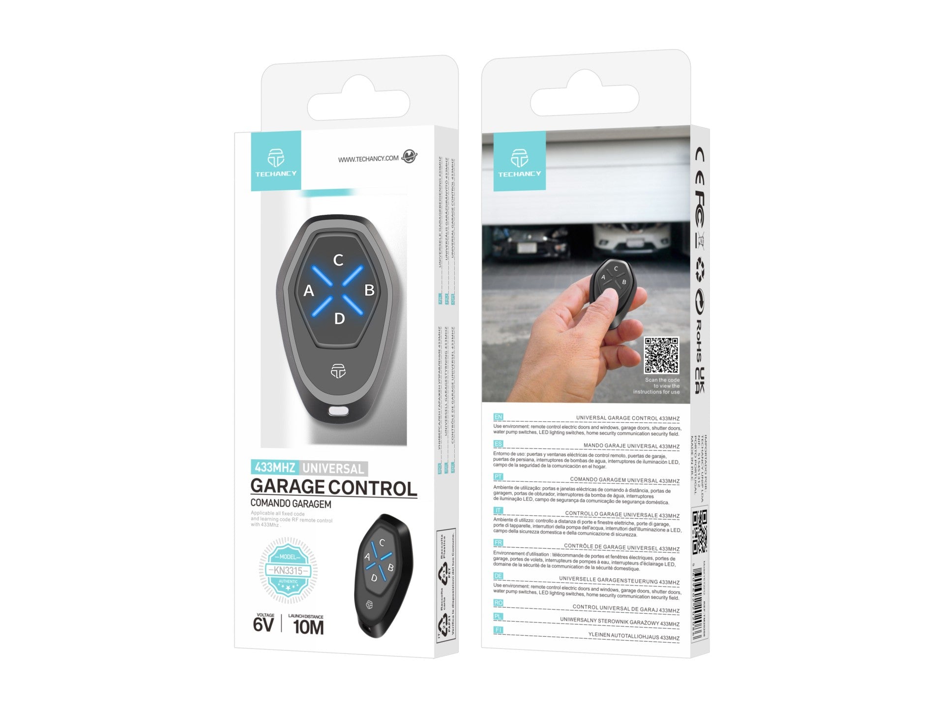 Techancy Controlo Remoto Universal  KN3315 433mhz, Para Janelas, Portas, Portas De Garagem, Etc. Fácil De Utilizar.