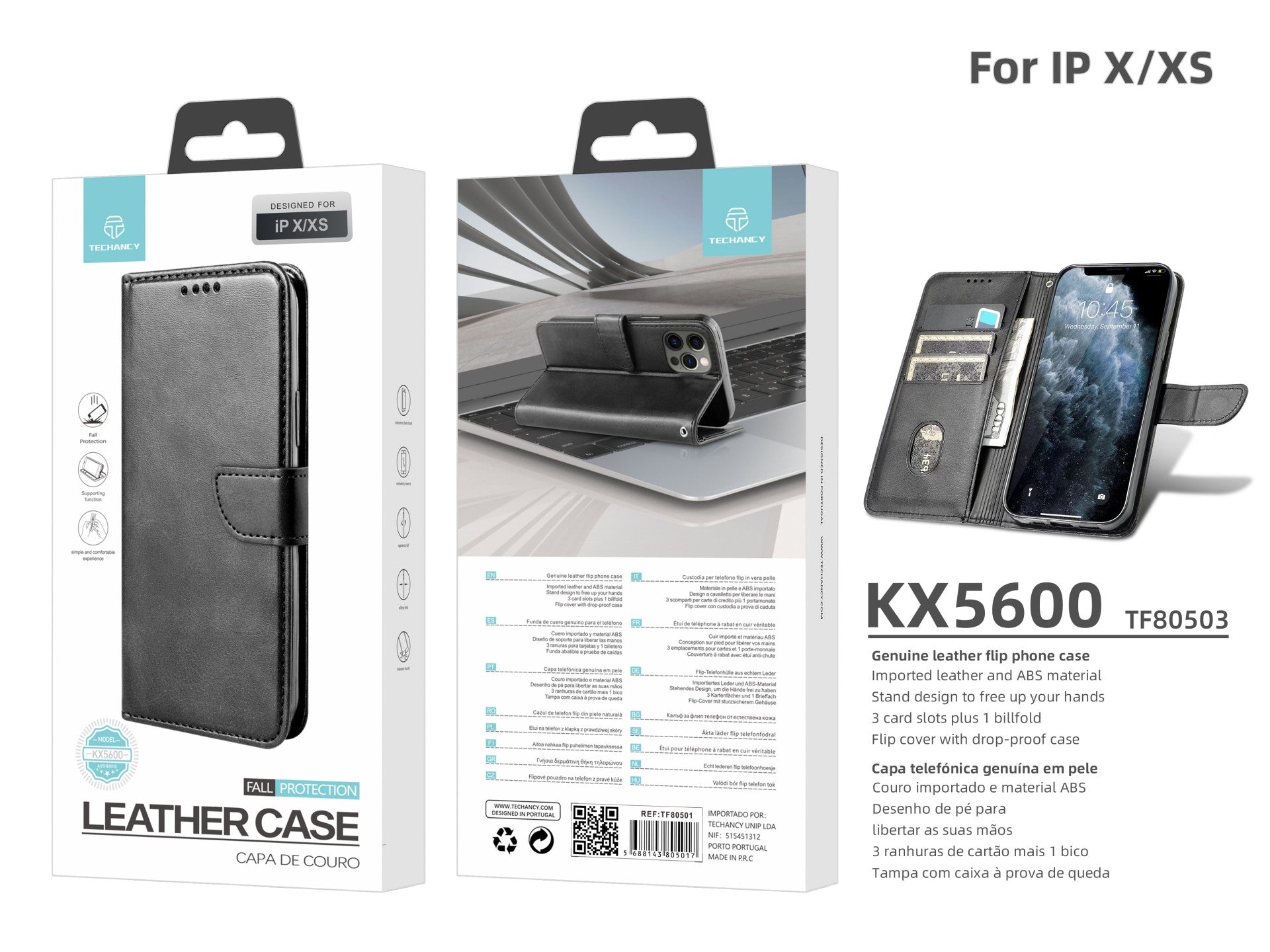 Capa flip em couro para telemóvel com 3 ranhuras para cartões, KX5600, função suporte e proteção contra quedas, compatível com iPhone X/Xs, Preto