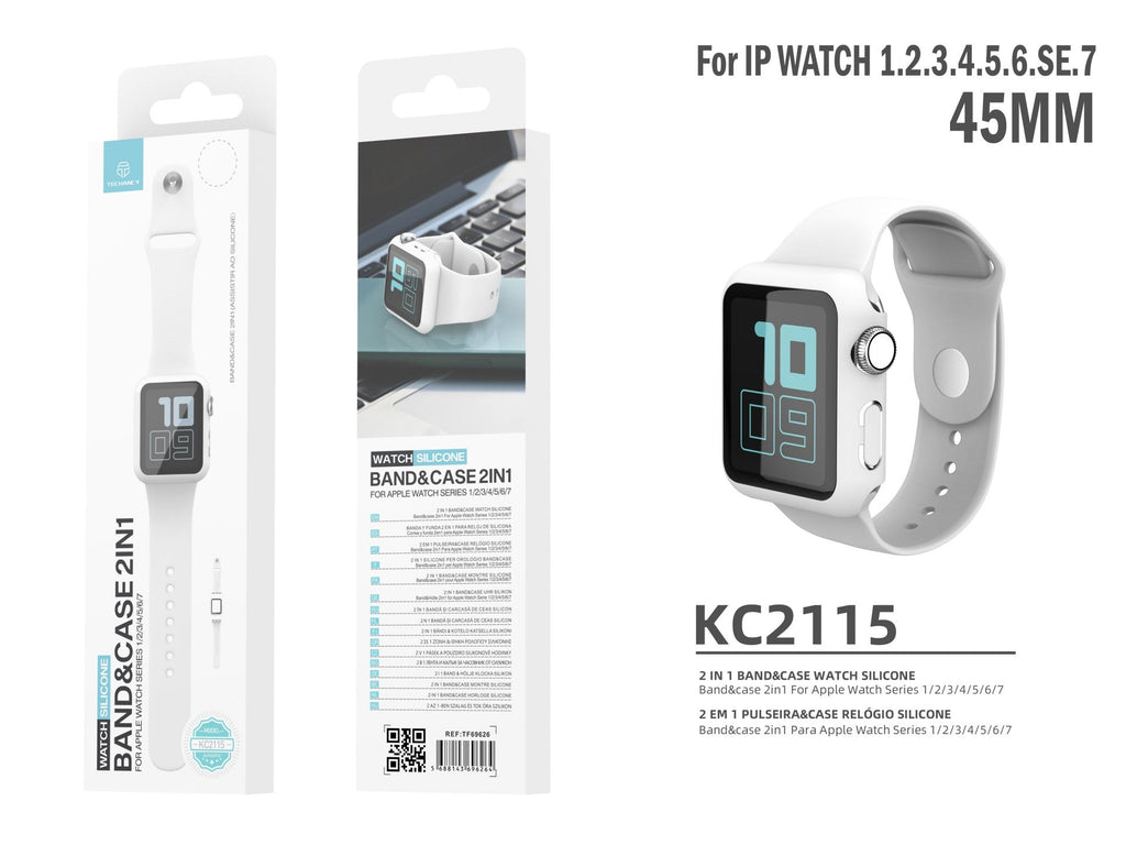 Pulseira de silicone para relógio Techancy, KC2115, com protetor de ecrã, compatível com Apple Watch 45 mm, Branco