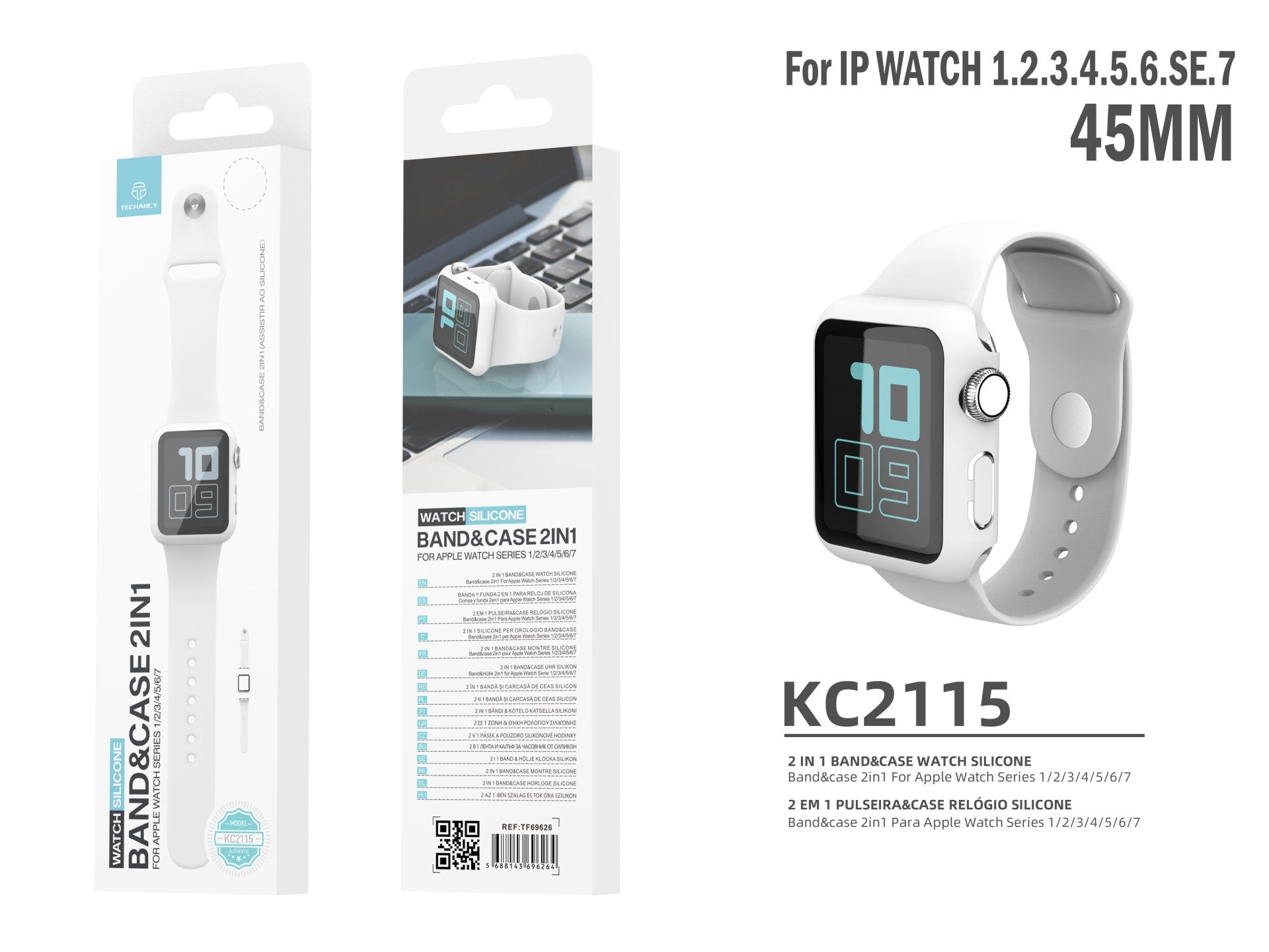 Pulseira de silicone para relógio Techancy, KC2115, com protetor de ecrã, compatível com Apple Watch 45 mm, Branco