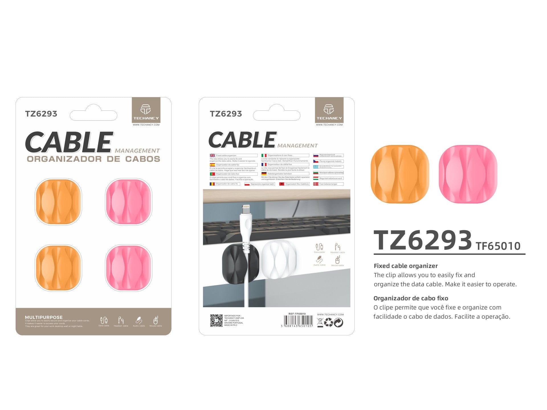Suporte para cabos Techancy, TZ6293, embalagem com 4 unidades, organizador de cabos, laranja + rosa