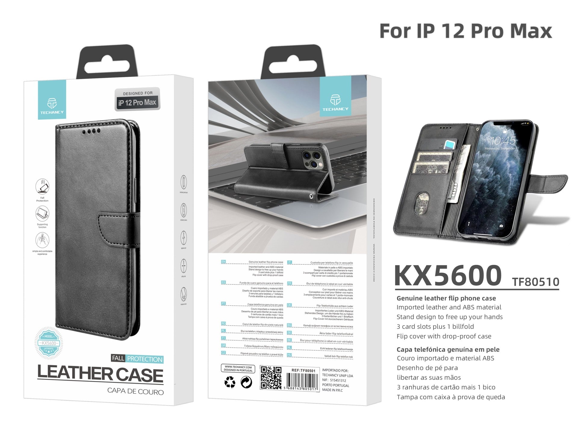 Capa de couro com aba para telemóvel Techancy com 3 ranhuras para cartões, KX5600, função de suporte e proteção contra quedas, compatível com iPhone 12 Pro Max, Preto