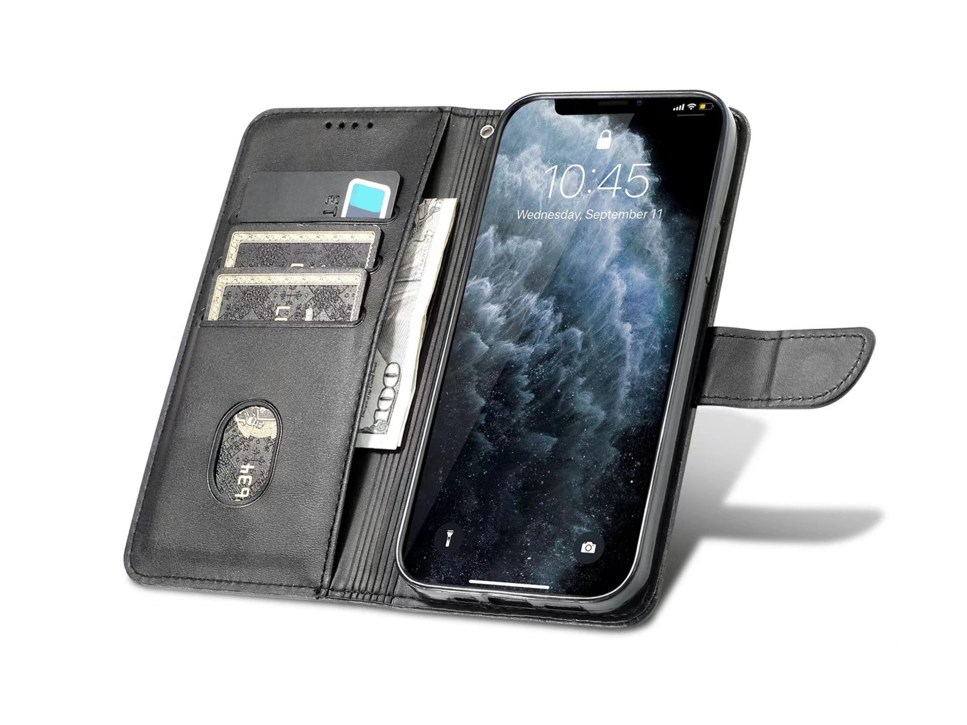 Capa flip em couro para telemóvel com 3 ranhuras para cartões, KX5600, função suporte e proteção contra quedas, compatível com iPhone X/Xs, Preto