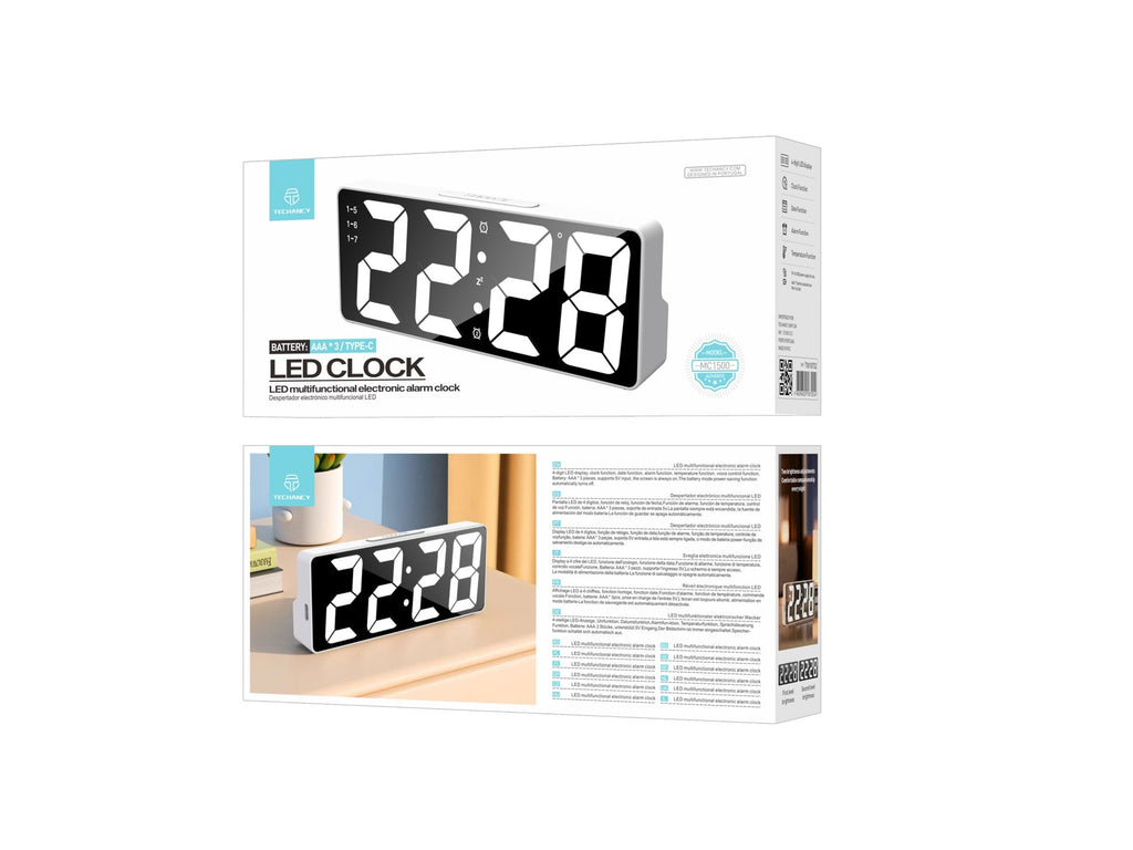 Techancy Despertador Led Multifunções Branco MC1500 Com Relógio, Data, Alarme, Ecrã De Temperatura E Controlo Por Voz