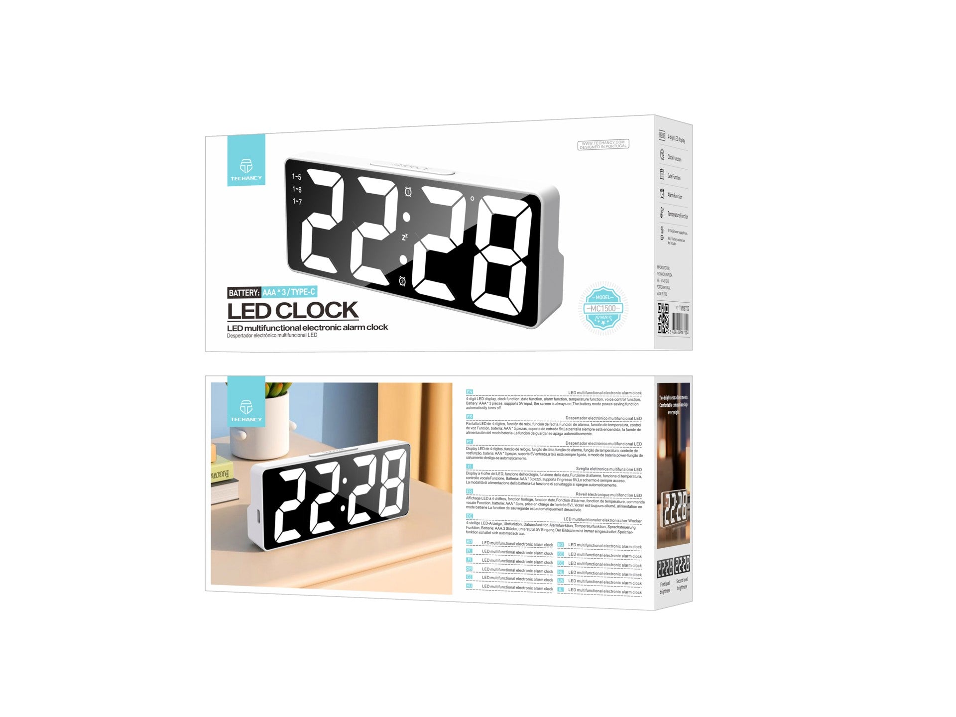 Techancy Despertador Led Multifunções Branco MC1500 Com Relógio, Data, Alarme, Ecrã De Temperatura E Controlo Por Voz