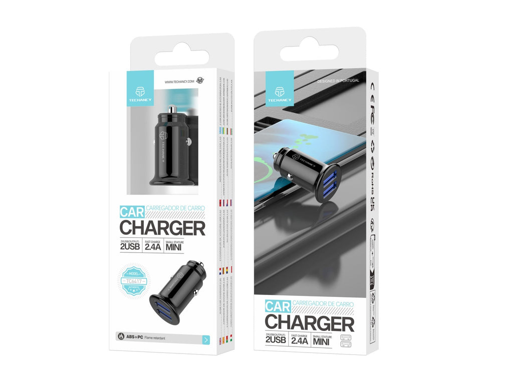 Techancy Carregador De Automóvel Mini  TC6417, Carregamento 2usb 2.4A, Compatível Com Camiões E Automóveis, Preto