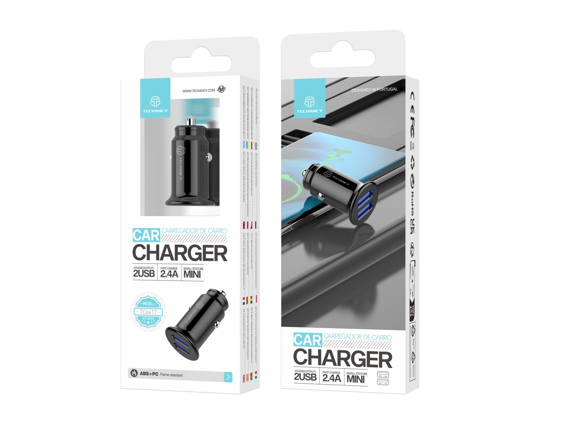Techancy Carregador De Automóvel Mini  TC6417, Carregamento 2usb 2.4A, Compatível Com Camiões E Automóveis, Preto
