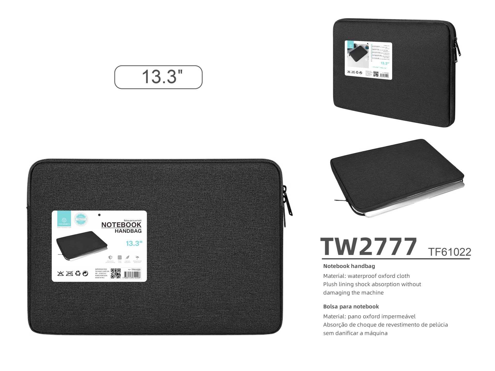 Mala para computador portátil Techancy TW2777, Preto, 13,3 polegadas, mala para tablet