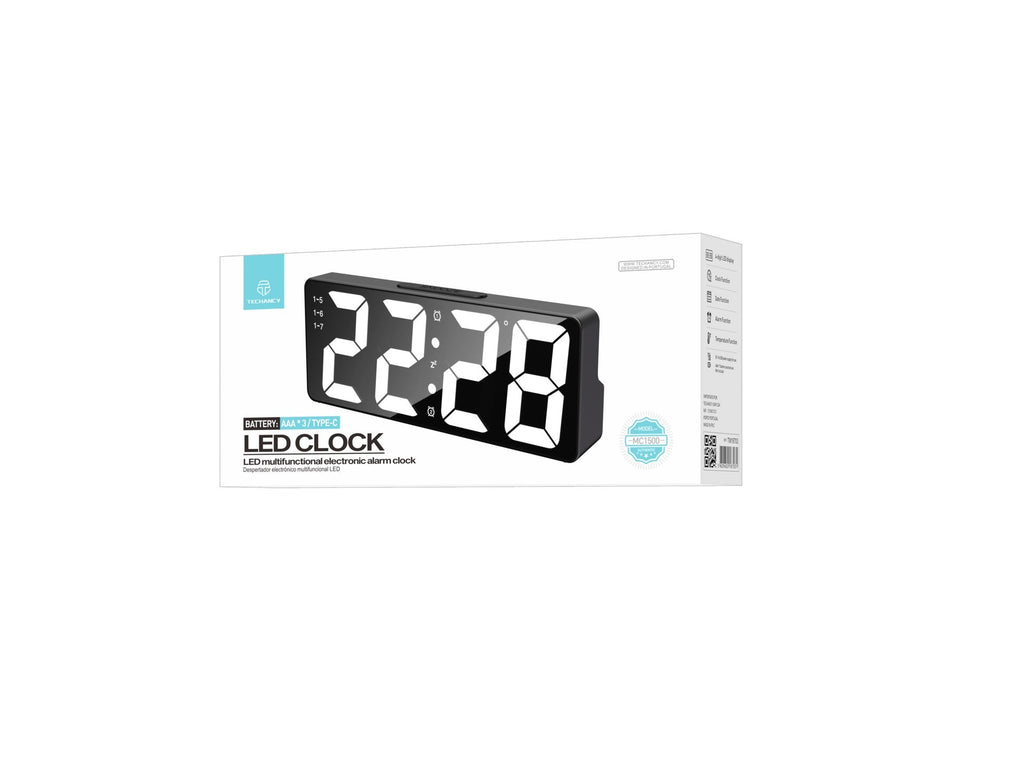 Techancy Despertador Led Multifunções Branco MC1500 Com Relógio, Data, Alarme, Ecrã De Temperatura E Controlo Por Voz