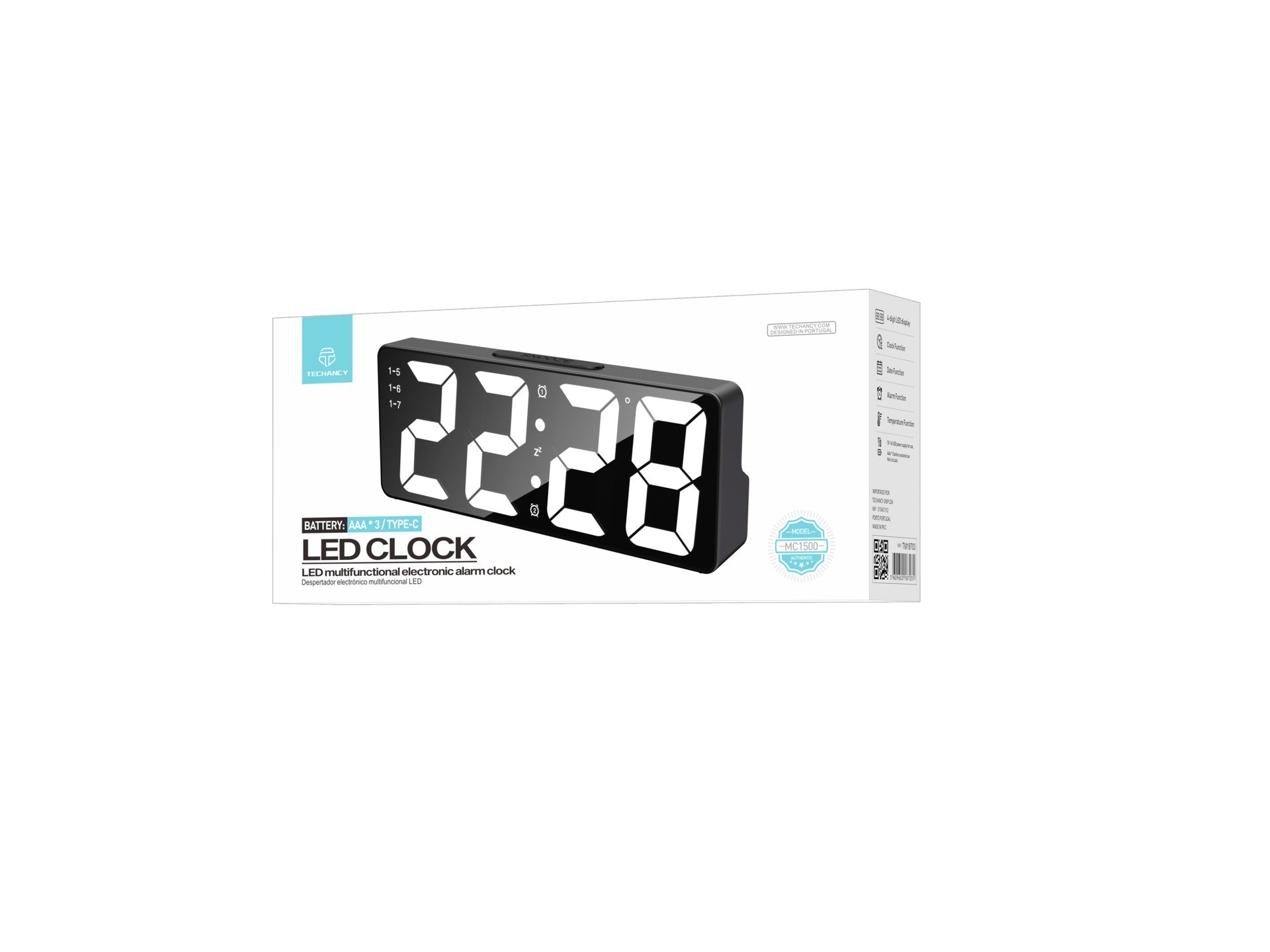 Techancy Despertador Led Multifunções Branco MC1500 Com Relógio, Data, Alarme, Ecrã De Temperatura E Controlo Por Voz