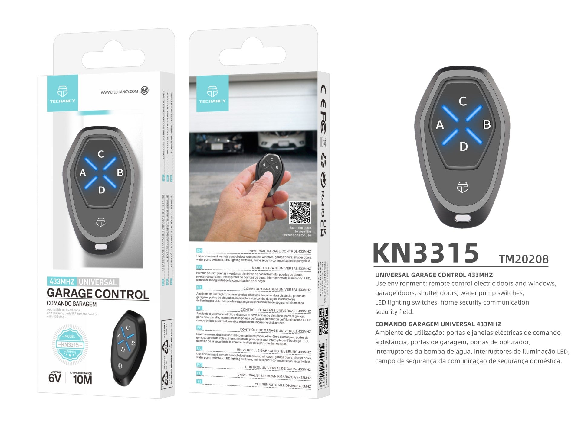 Techancy Controlo Remoto Universal  KN3315 433mhz, Para Janelas, Portas, Portas De Garagem, Etc. Fácil De Utilizar.