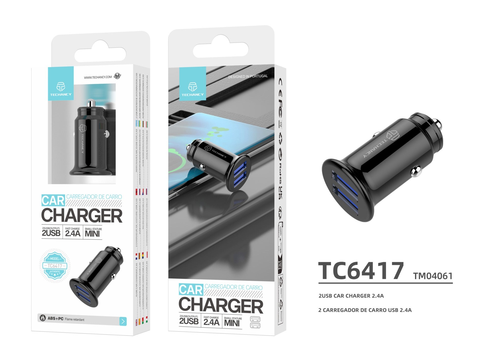 Techancy Carregador De Automóvel Mini  TC6417, Carregamento 2usb 2.4A, Compatível Com Camiões E Automóveis, Preto