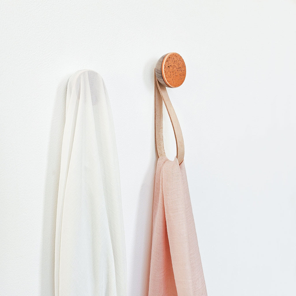 Round Walnut Wood & Ceramic Wall Mounted Coat Hook / Hanger with Leather Strap - Terracotta Orange Specks