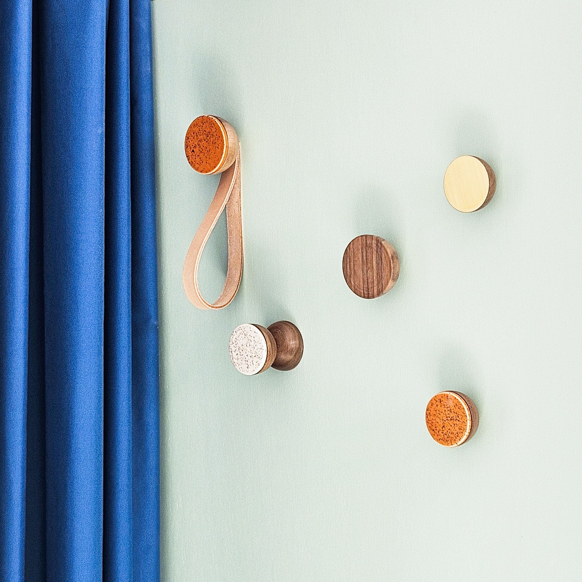 Round Walnut Wood & Ceramic Wall Mounted Coat Hook / Hanger with Leather Strap - Terracotta Orange Specks